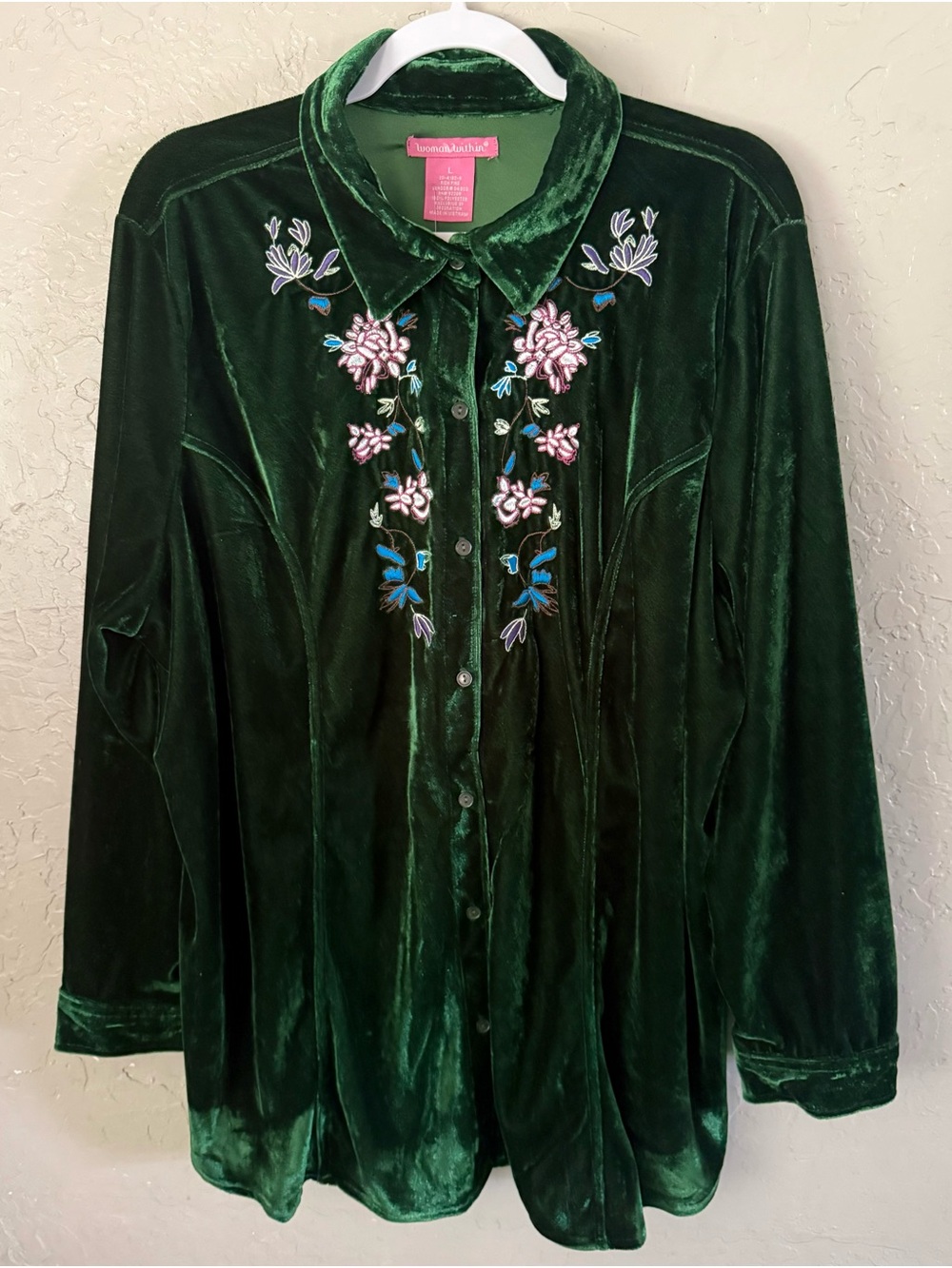 Woman Within Rich Pine Green Velvet Button-Down Blouse with Floral Embroidery